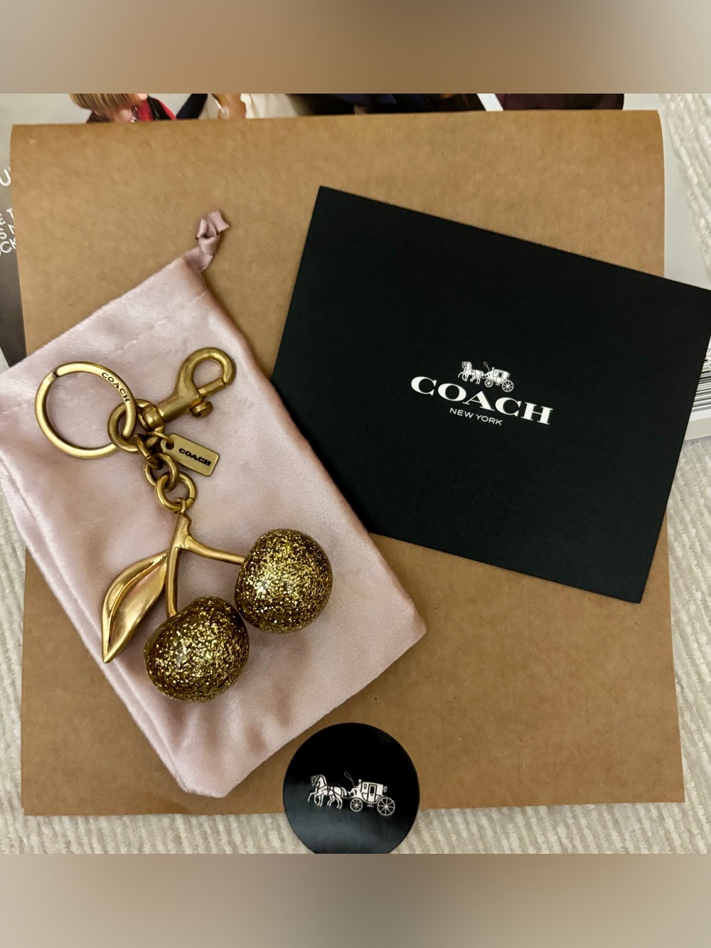 Coach Gold Glitter Cherry Charm Keychain